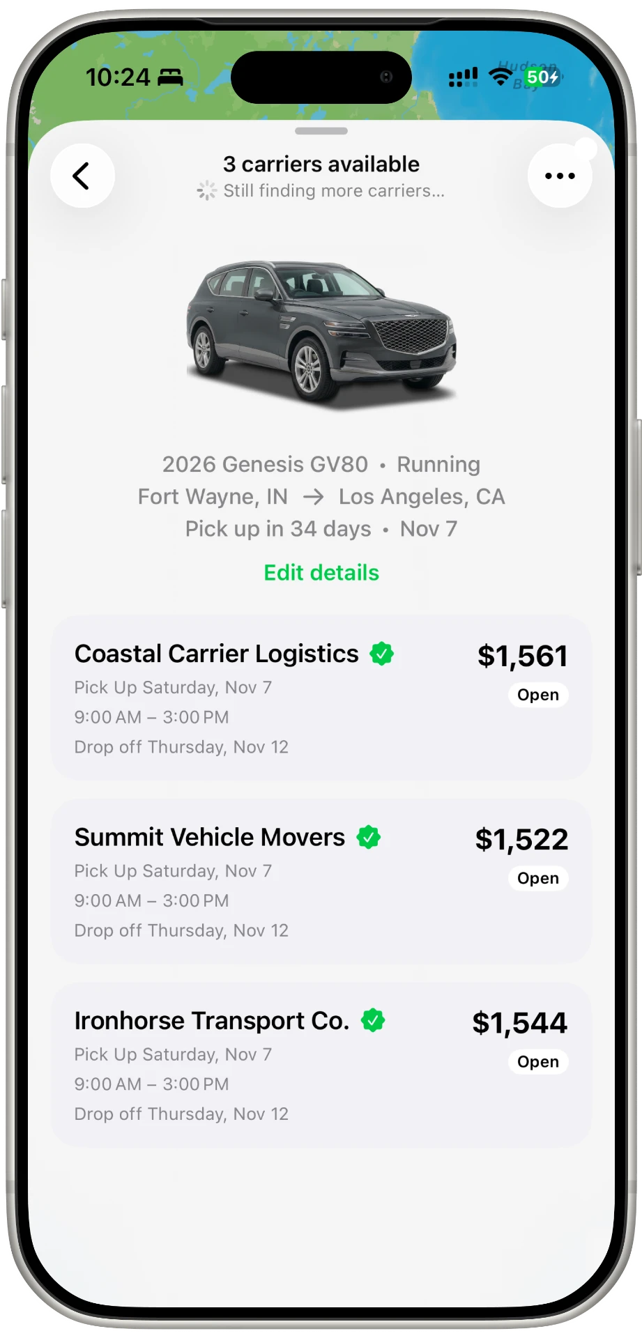 In the Skrt app, three carriers available for a 2026 Genesis GV80 from Fort Wayne, IN to Los Angeles, CA, each with a pick up date and a price.
